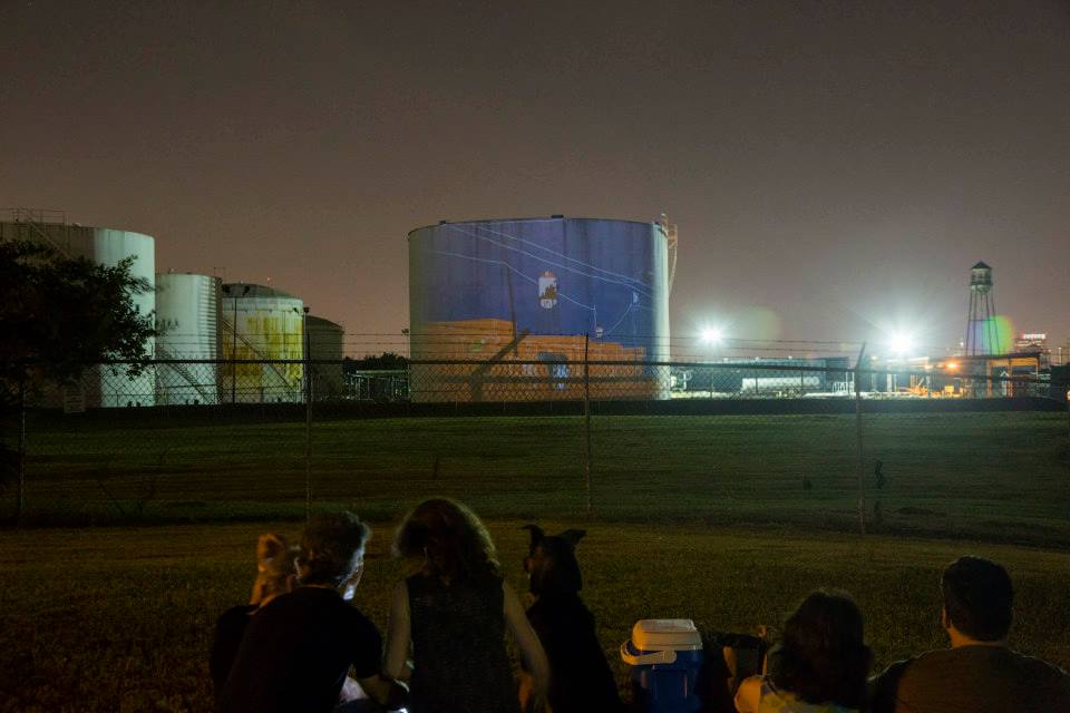 Screen on column in lobby showing water flowing over rocks